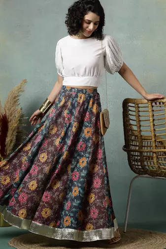 Multicolor floral printed cotton flared maxi skirt for women