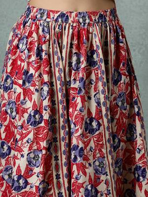 Cream floral printed cotton flared maxi skirt for women 4