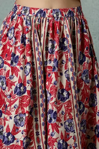 Cream floral printed cotton flared maxi skirt for women