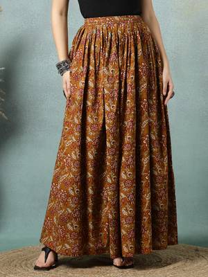 Brown floral printed cotton flared maxi skirt for women 2