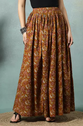 Brown floral printed cotton flared maxi skirt for women