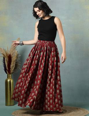 Maroon floral printed cotton flared maxi skirt for women 1