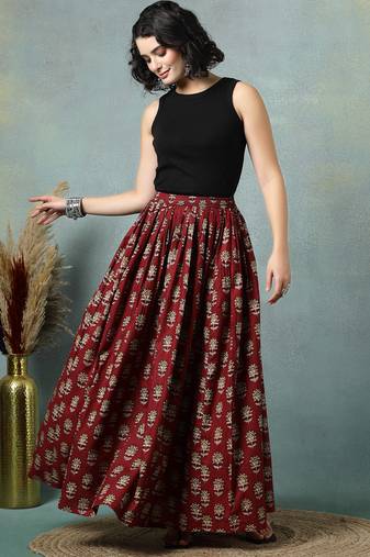 Maroon floral printed cotton flared maxi skirt for women