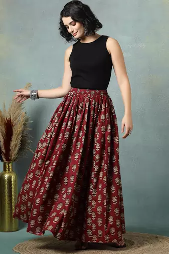 Maroon floral printed cotton flared maxi skirt for women