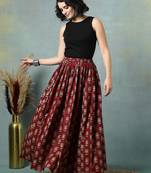 Maroon floral printed cotton flared maxi skirt for women