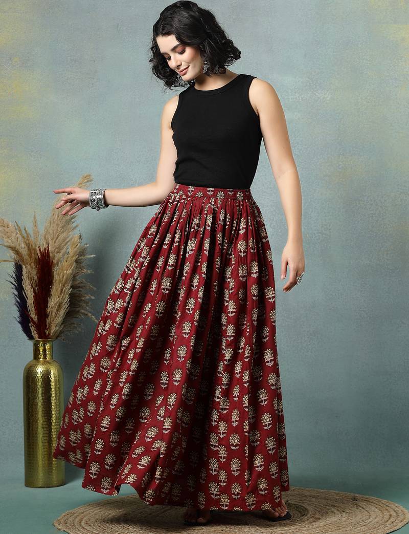 Maroon floral printed cotton flared maxi skirt for women