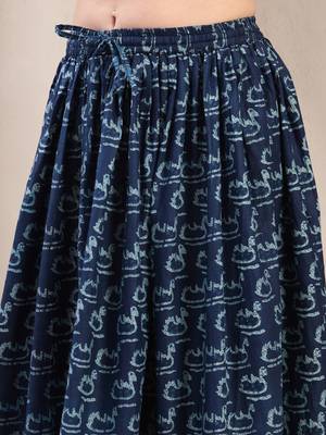 Blue graphic printed cotton flared maxi skirt for women 4