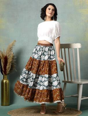 Multicolor floral printed cotton flared maxi skirt for women 5