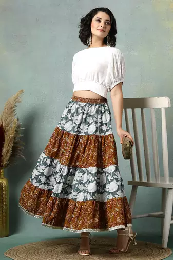Multicolor floral printed cotton flared maxi skirt for women