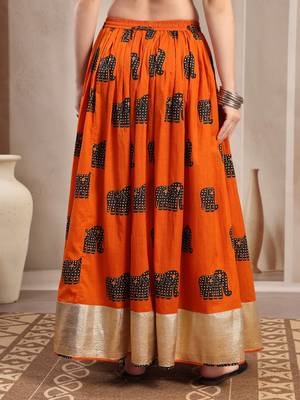 Orange graphic printed cotton flared maxi skirt for women 3