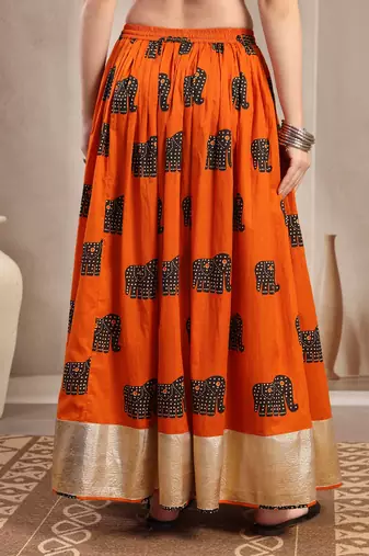 Orange graphic printed cotton flared maxi skirt for women