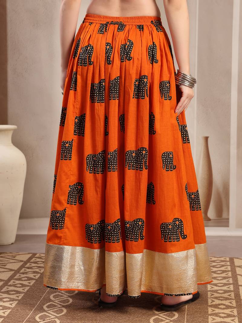 Orange graphic printed cotton flared maxi skirt for women