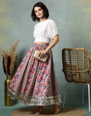 Cream floral printed cotton flared maxi skirt for women 5