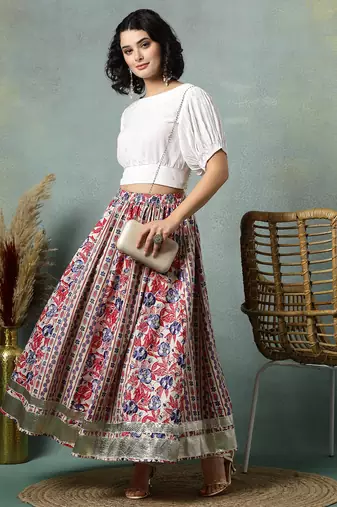 Cream floral printed cotton flared maxi skirt for women