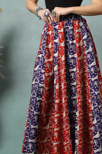 Multicolor floral printed cotton flared maxi skirt for women