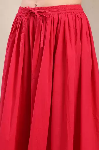 Pink plain cotton flared maxi skirt for women