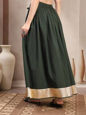 Green plain cotton flared maxi skirt for women 3