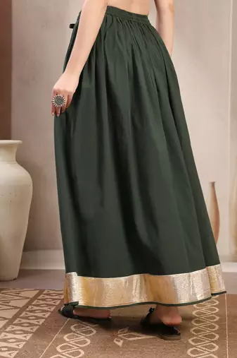 Green plain cotton flared maxi skirt for women