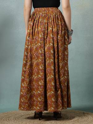 Brown floral printed cotton flared maxi skirt for women 3