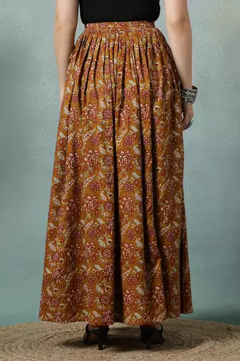Brown floral printed cotton flared maxi skirt for women