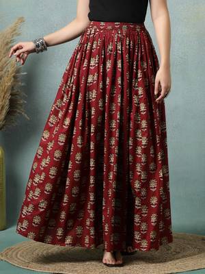 Maroon floral printed cotton flared maxi skirt for women 2