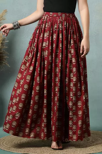 Maroon floral printed cotton flared maxi skirt for women