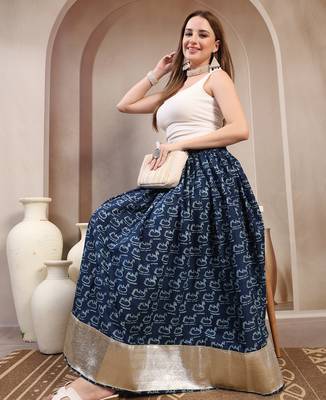 Blue graphic printed cotton flared maxi skirt for women 5