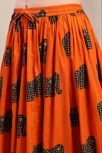 Orange graphic printed cotton flared maxi skirt for women