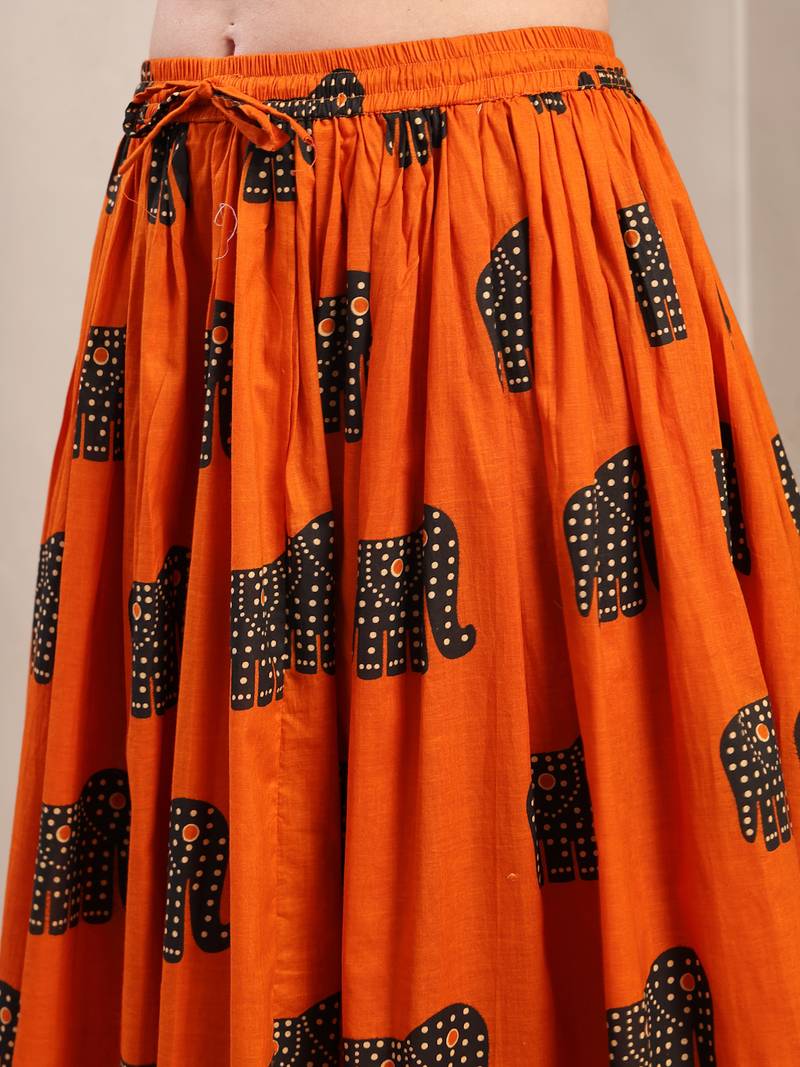 Orange graphic printed cotton flared maxi skirt for women