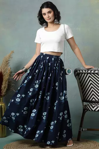 Blue floral printed cotton flared maxi skirt for women