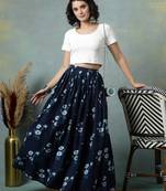 Blue floral printed cotton flared maxi skirt for women
