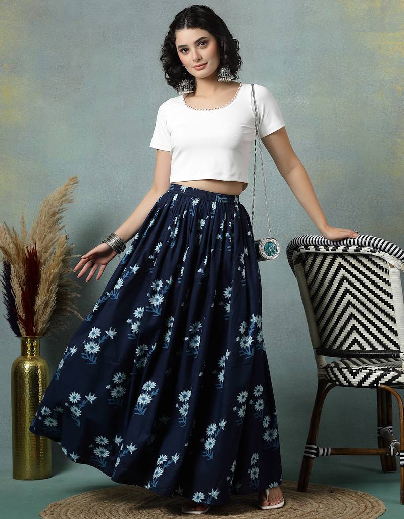 Blue floral printed cotton flared maxi skirt for women