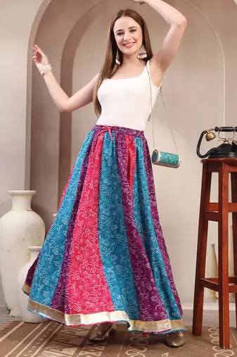 Multicolor floral printed cotton flared maxi skirt for women