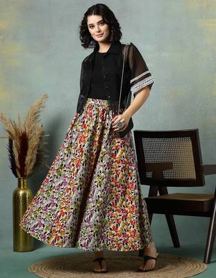 Multicolor floral printed cotton flared maxi skirt for women 5