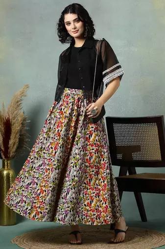 Multicolor floral printed cotton flared maxi skirt for women