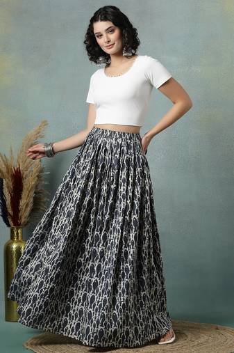 Grey graphic printed cotton flared maxi skirt for women
