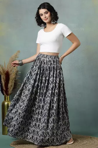 Grey graphic printed cotton flared maxi skirt for women