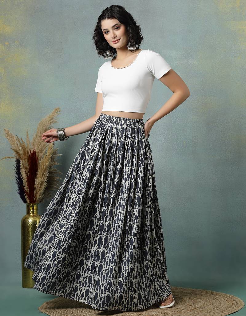 Grey graphic printed cotton flared maxi skirt for women