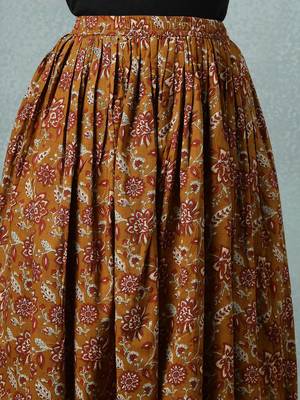 Brown floral printed cotton flared maxi skirt for women 4