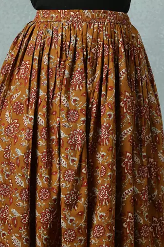 Brown floral printed cotton flared maxi skirt for women