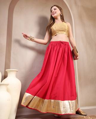 Pink plain cotton flared maxi skirt for women 5