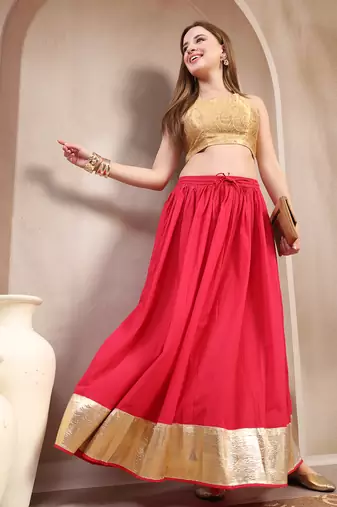 Pink plain cotton flared maxi skirt for women