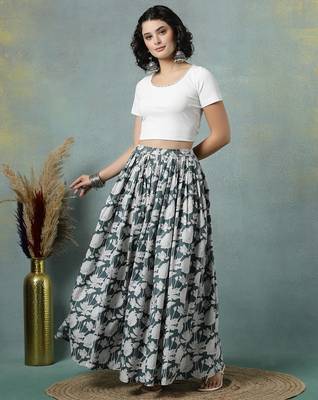 Grey floral printed cotton flared maxi skirt for women 1
