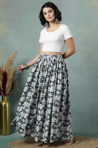 Grey floral printed cotton flared maxi skirt for women