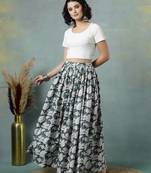 Grey floral printed cotton flared maxi skirt for women