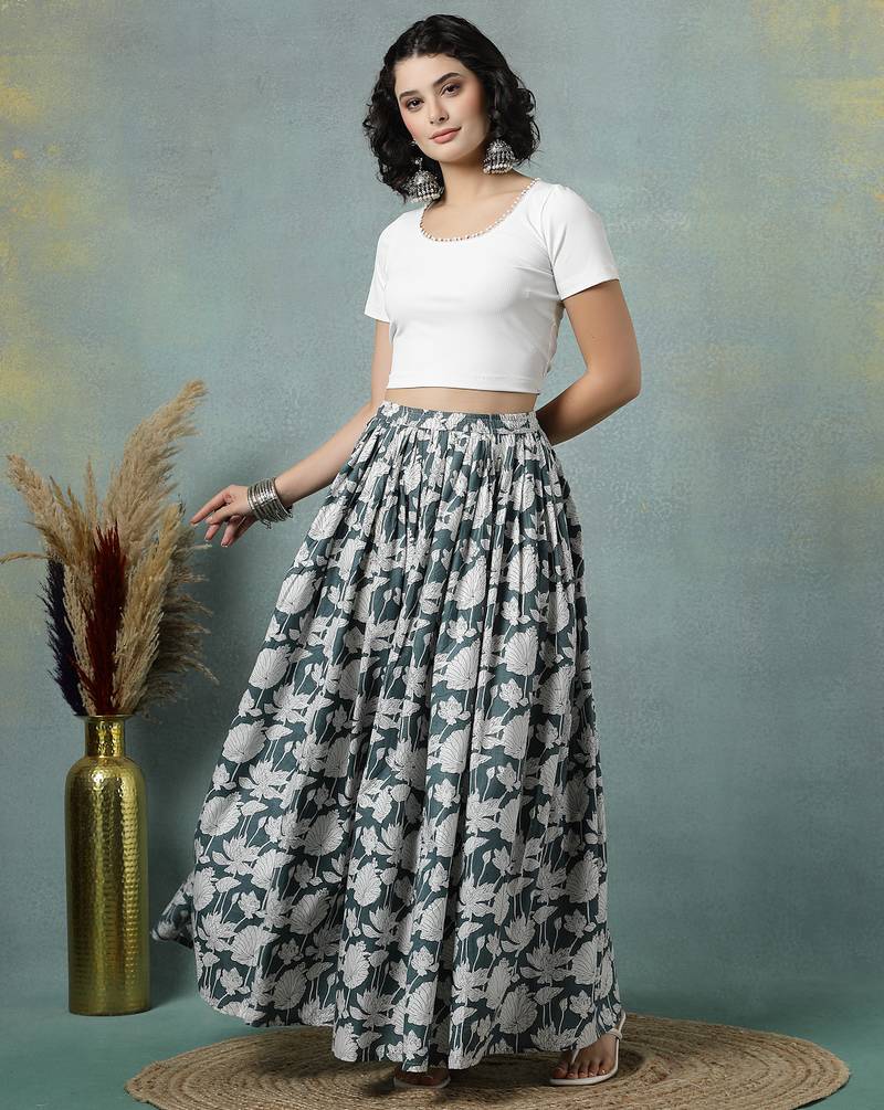 Grey floral printed cotton flared maxi skirt for women