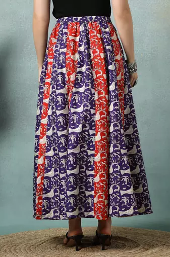 Multicolor floral printed cotton flared maxi skirt for women
