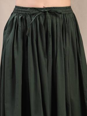Green plain cotton flared maxi skirt for women 4