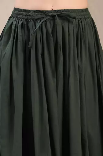 Green plain cotton flared maxi skirt for women