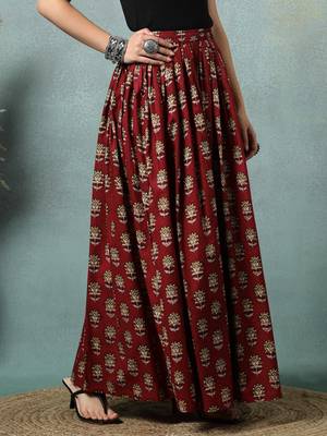 Maroon floral printed cotton flared maxi skirt for women 3